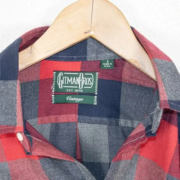 Gitman Bros Vintage Red Gray Check Flannel Shirt 100% Cotton size Small